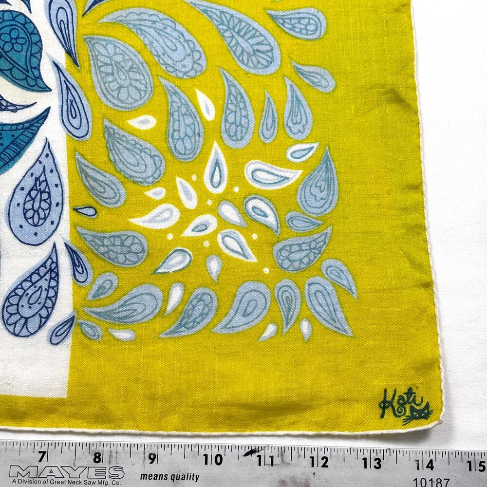 Vintage 50s 60s Signed Kati Handkerchief Paisley Chartreuse Blue Cotton Hanky - Picture 6 of 7